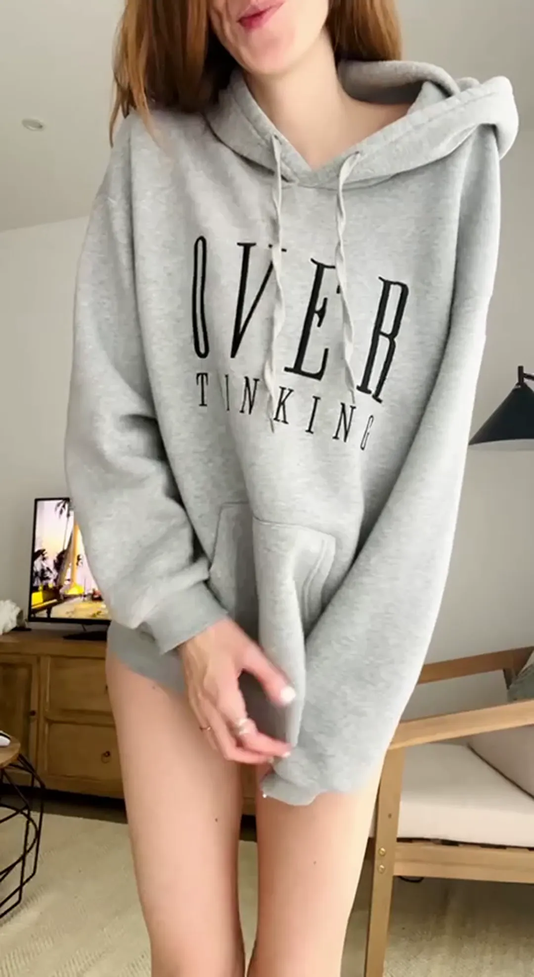 No_Date366 frame at 00:02, Quinn's signature 'cute, goofy' charm shines as she drowns in an oversized hoodie—teasing glimpses of pale thighs while hiding perky curves