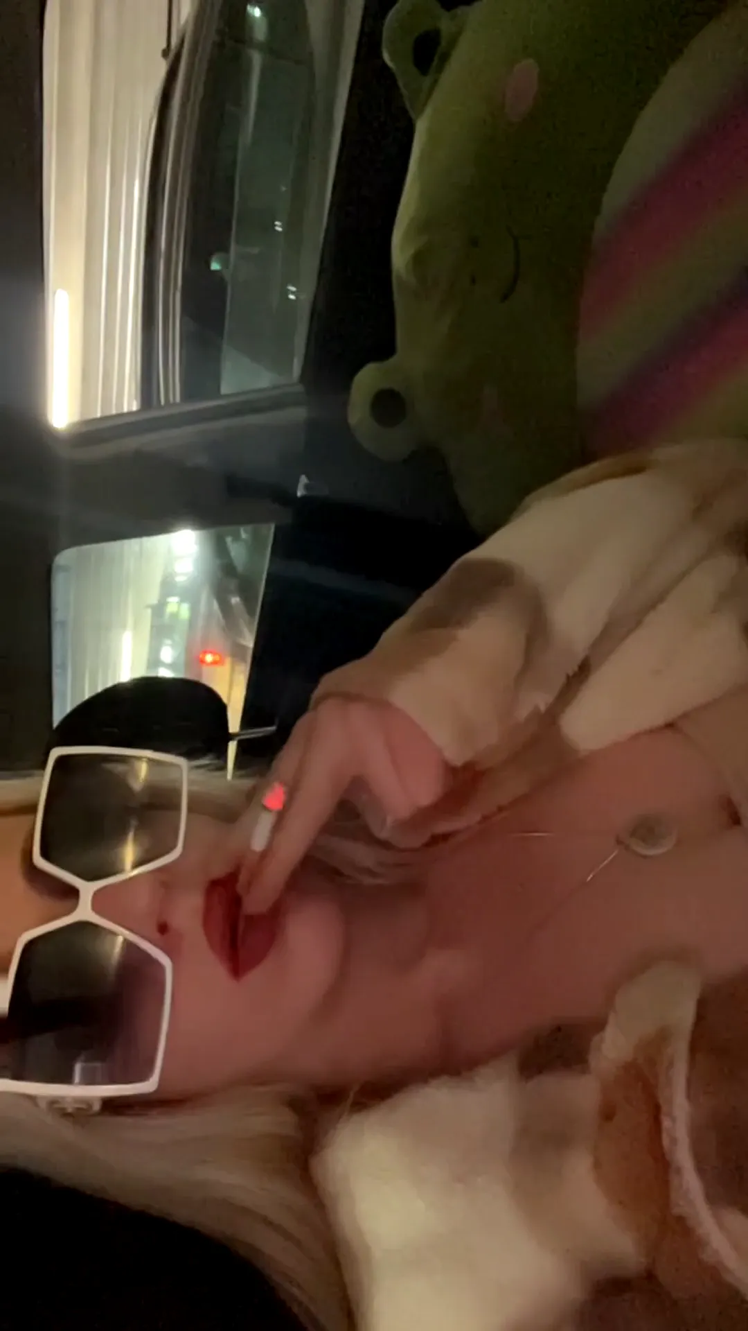 OpalRaynes frame at 00:02, OpalRaynes oozes grunge-pinup mystique even in motionless frames—her platinum braids and blood-red lips scream **'natural bimbo sweetness'**, while the hazy blur and cluttered car interior mirror her **'unpolished magnetism'**