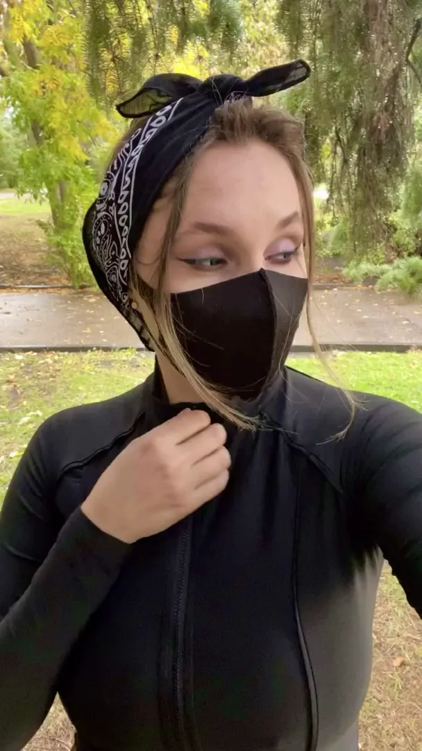 bustyfox1 frame at 00:02, Mystery meets suburban seduction: her black mask and zip-up top cling to milky skin like a secret waiting to be unzipped